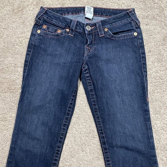 TRUE RELIGION SKINNY Jeans Womens 27 Dark Wash Blue Low Rise Embroidered Pockets - Picture 6 of 13